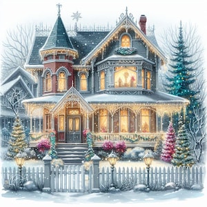 May include: A snow-covered Victorian house with a white picket fence and a large porch decorated with Christmas lights. The house has a red brick tower and a bay window. There are two Christmas trees in the yard, one with red ornaments and one with blue ornaments.