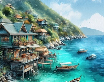 PDF Coastal Houses Counted Cross Stitch Pattern, Mountain Village, Seascape Landscape Instant Download Digital format