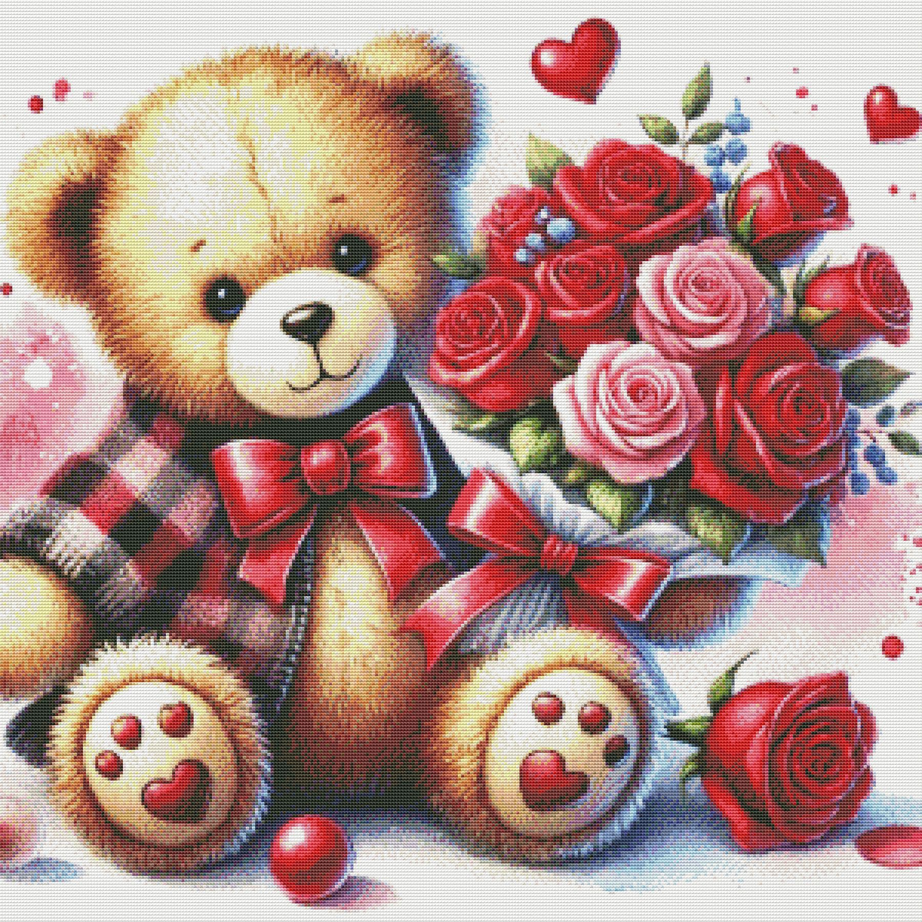 PDF Teddy Bear, Red Roses Flowers, Counted Cross Stitch Pattern
