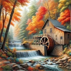 May include: A wooden watermill with a large water wheel is situated in a woodland setting. The mill is surrounded by vibrant autumn leaves and a cascading waterfall flows in front of it.