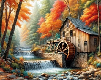PDF Autumn Waterfall, Watermill Counted Cross Stitch Pattern, City Landscape Instant Download Digital format