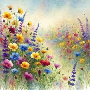 Puede incluir: Una pintura de acuarela de un campo de flores silvestres en tonos de azul, amarillo, rosa y morado. Las flores están dispuestas en un patrón suelto y natural, y el fondo es un azul suave y brumoso.