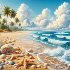 May include: A beach scene with palm trees, blue sky, and white clouds. The ocean waves are crashing on the sandy shore. There are seashells and starfish scattered on the beach.