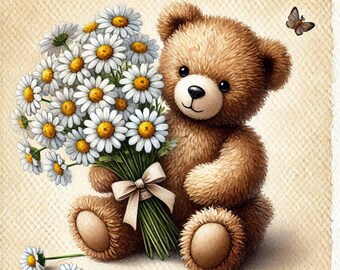 PDF Teddy Bear, Camomiles Flowers, Counted Cross Stitch Pattern, Kids Room Decor, Cozy Room, Children Toys, Digital Chart, Instant Download