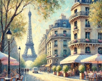 May include: A painting of a Parisian street scene with the Eiffel Tower in the background. The street is lined with cafes and shops, and there are people walking and sitting outside. The painting is done in a realistic style with a warm color palette.