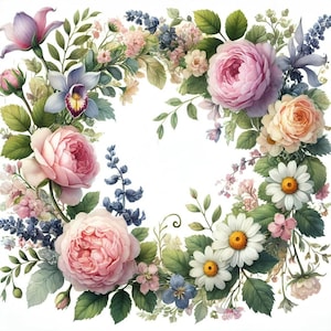 Puede incluir: Una corona floral con flores rosas, blancas y azules. La corona está hecha de rosas, margaritas y otras flores. Las flores están dispuestas en un círculo alrededor de un fondo blanco.