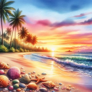 PDF Sunrise, Beach waves, Palms, Counted Cross Stitch Pattern, Seascape, Digital Cross Stitch Chart, Seascape PDF, Cross Stitch Pattern