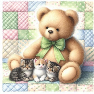 PDF Teddy Bear, Kittens, Counted Cross Stitch Pattern, Kids Room Decor, Cozy Room, Children Toys, Digital Chart, Instant Download PDF