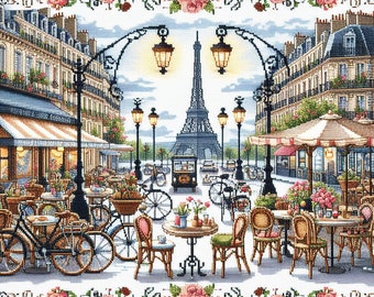 PDF Paris Frankrike Eiffeltornet Café Räknat korsstygnsmönster, Stadslandskap Direktnedladdning Digitalt format