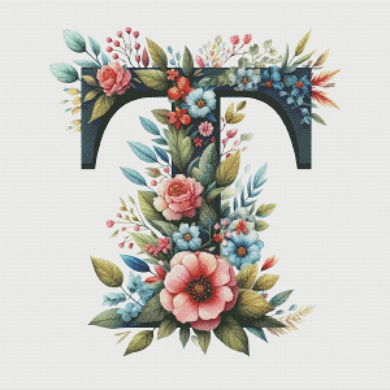 PDF Floral Alphabet Letter T Large Size Cross Stitch Pattern, Instant ...