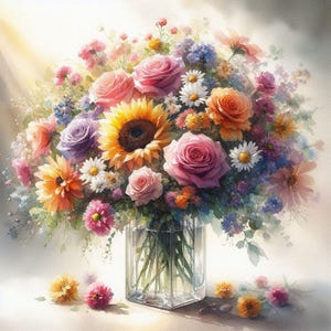 PDF Flowers bouquet Sunflower Roses Counted cross stitch pattern Summer Garden Flowers Modern Digital chart Instant Download Digital format
