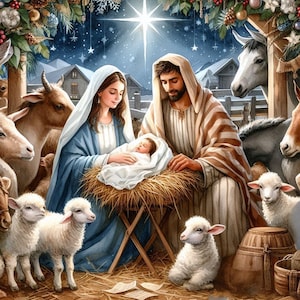May include: A nativity scene depicting Mary, Joseph, and baby Jesus in a manger. The scene is set in a stable with animals, including a donkey, sheep, and a cow. A bright star shines above the manger.