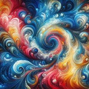 May include: Abstract digital art with a swirling pattern of vibrant colors. The design features a blend of red, yellow, blue, and white hues, creating a dynamic and visually engaging composition. The artwork has a textured, painted appearance.