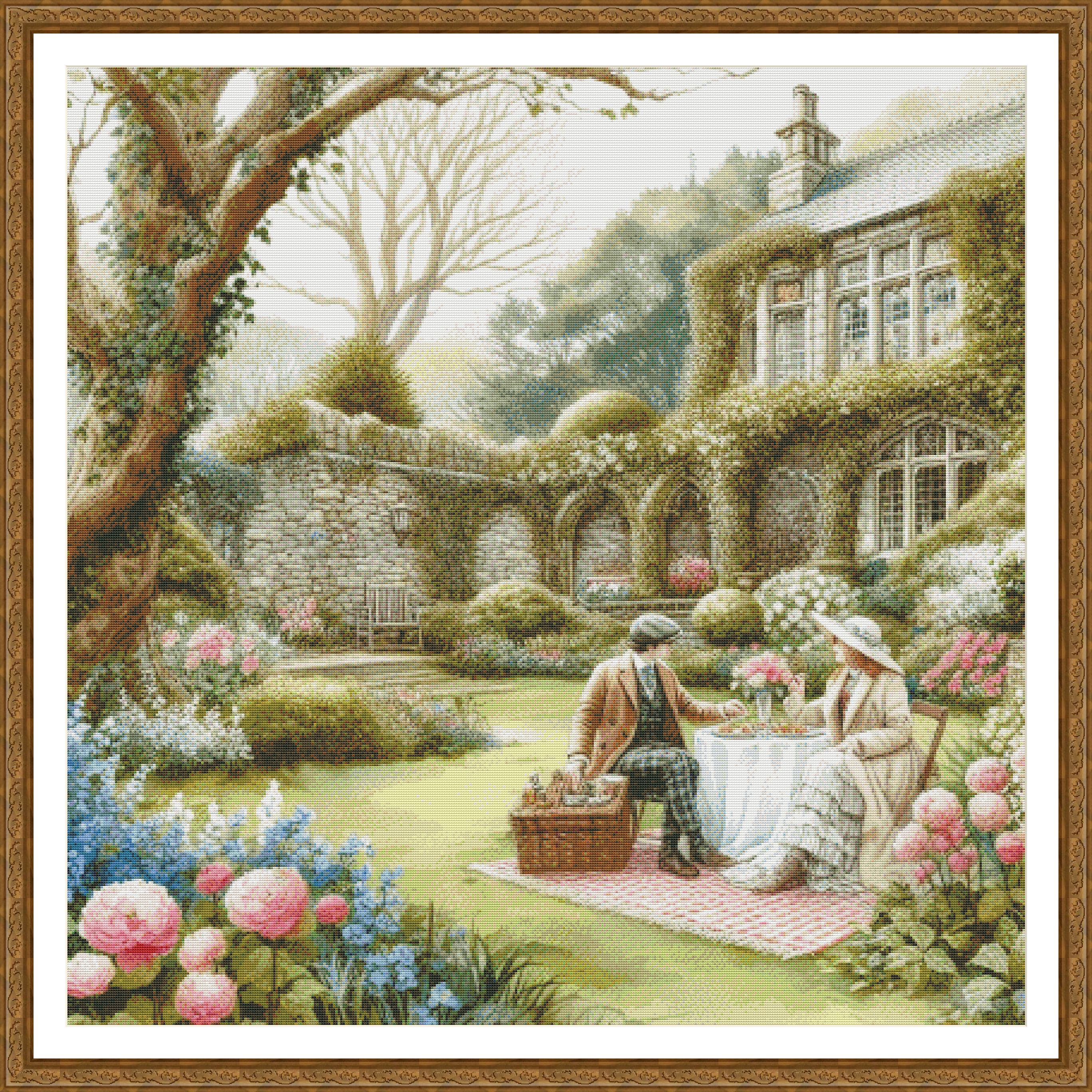 クロスステッチ完成品Together in my Fathers garden PDF Victorian Times Love Couple Couple in Love Counted Cross