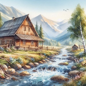 PDF Creek Haus, Cottage, Berge, Kreuzstichmuster, Landschaft Sofortiger Download Digitales Format