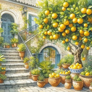 PDF Mediterranean Courtyard, Counted Cross Stitch Pattern, Garden Flowers, Lemon Tree, Summer Landscape, Instant Download, Old Town Street