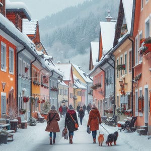 Kreuzstichmuster, Berglandschaft, Winter Alpen, Landhaus, gemütliche Dorfstraße, Instant Download