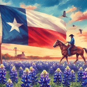 May include: A watercolor painting of a Texas flag waving in the wind. A cowboy rides a brown horse through a field of bluebonnet flowers. The sky is a vibrant orange and pink.