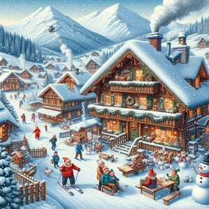 Kreuzstichmuster, Berglandschaft, Winter Alpen, Landhaus, gemütliche Dorfstraße, Instant Download