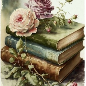 Puede incluir: Una pila de tres libros antiguos con un ramo de rosas rosas y moradas en la parte superior. Los libros tienen cubiertas de cuero desgastadas y letras doradas. Las rosas están en diferentes etapas de floración, con algunos capullos aún cerrados.