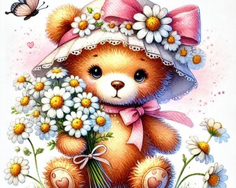 PDF Teddy Bear, Camomile Flowers, Counted Cross Stitch Pattern, Kids Room Decor, Cozy Room, Children Toys, Digital Chart, Instant Download