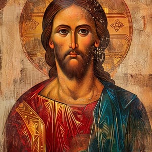 May include: A religious icon depicting a man with long brown hair and a beard, set against a gold halo. He wears a red and blue robe. The artwork has a distressed, aged appearance.