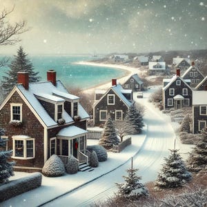 May include: A snowy winter scene with a row of houses along a winding road. The houses are all painted in shades of gray and brown, and they have snow-covered roofs. There are trees and bushes in the foreground, and the road is covered in snow. The houses are all decorated for Christmas, with wreaths and lights.