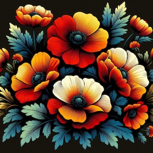 May include: A bouquet of red, orange, and white poppy flowers with green leaves on a black background.