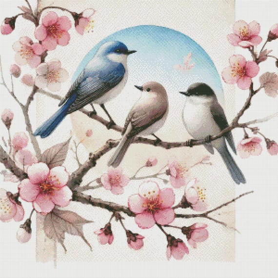 PDF 桜の枝に止まった3羽の鳥、春の花、クロスステッチのパターン