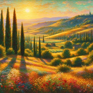 May include: A painting of a sunlit landscape with rolling hills, a field of wildflowers, and a row of tall, slender cypress trees in the foreground.