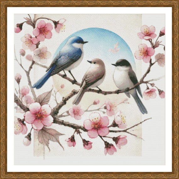 PDF 桜の枝に止まった3羽の鳥、春の花、クロスステッチのパターン