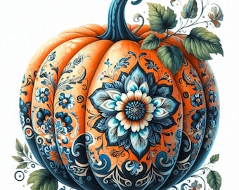 Op de afbeelding: Een handgeschilderde oranje pompoen met ingewikkelde blauwe en witte bloemmotieven. De pompoen heeft een steel en bladeren.