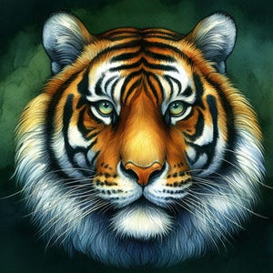 Puede incluir: Ilustración detallada de la cara de un tigre. El tigre tiene pelaje naranja con rayas negras, ojos verdes y pelaje blanco alrededor de las mejillas y la barbilla. El fondo es de color verde oscuro.