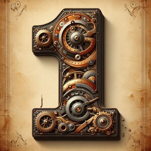 Könnte beinhalten: Eine Steampunk-Nummer eins aus Metallgetrieben und Zahnrädern. Die Zahl ist in 3D dargestellt und hat einen Vintage- und Industriellook.