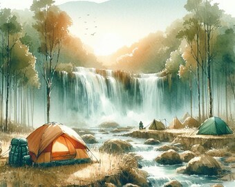 PDF Foggy Forest Camping Waterfall Counted Cross Stitch Pattern, Landscape Instant Download Digital Format