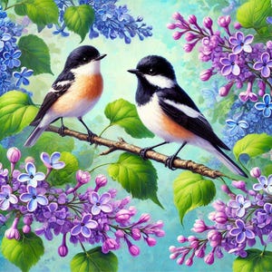 PDF mezen en seringen, kleine vogels, geteld kruissteekpatroon, violette bloemen digitale kruissteekkaart pdf, tak lentebloemen