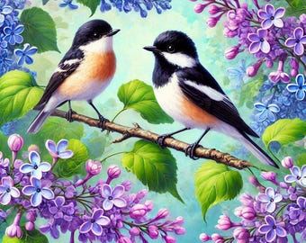May include: Two small birds with black, white, and orange plumage are perched on a branch with green leaves. The birds are surrounded by purple and blue lilac flowers.