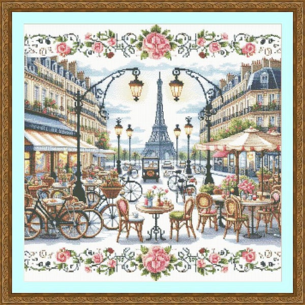 PDF Paris France Eiffel Tower Cafe Counted Cross Stitch Pattern, City Landscape Instant Download Digital format