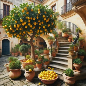 PDF Mediterranean Courtyard, Counted Cross Stitch Pattern, Garden Flowers, Lemon Tree, Summer Landscape, Instant Download, Old Town Street