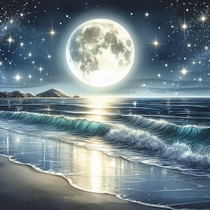 May include: A full moon shines brightly over a calm ocean with a gentle wave breaking on the sandy shore. The night sky is filled with twinkling stars.