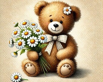 PDF Teddy Bear, Camomiles Flowers, Counted Cross Stitch Pattern, Kids Room Decor, Cozy Room, Children Toys, Digital Chart, Instant Download