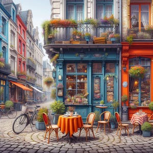 Peut inclure: Une scène de café en plein air pittoresque avec une table dressée pour quatre personnes, avec une nappe orange et un auvent rayé bleu et blanc. Le café est situé dans une rue pavée d'une ville européenne avec des bâtiments colorés et des jardinières.