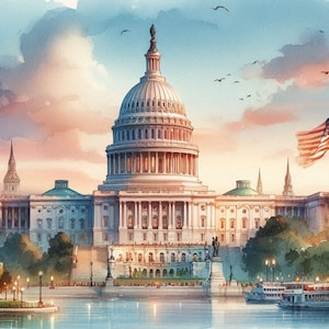 May include: A watercolour painting of the United States Capitol Building in Washington, D.C. The building is white with a large dome and is surrounded by trees and a body of water. The American flag is flying in the background.