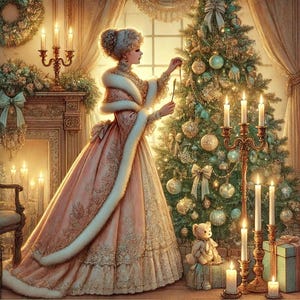 Könnte beinhalten: Eine Frau in einem rosa-weißen Kleid steht vor einem geschmückten Weihnachtsbaum. Sie hält einen kleinen Christbaumschmuck in der Hand. Der Baum ist mit goldenen und silbernen Kugeln geschmückt, und auf dem Tisch vor dem Baum stehen Kerzen.