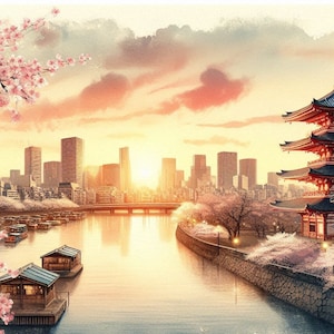 PDF Tokyo, Japan, Sakura Blossom, Counted Cross Stitch Pattern, City Landscape Instant Download Digital format