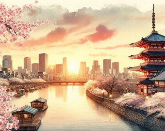 PDF Tokyo, Japan, Sakura Blossom, Counted Cross Stitch Pattern, City Landscape Instant Download Digital format