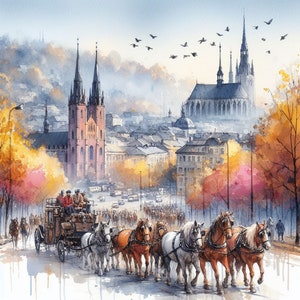 PDF Patrón de punto de cruz contado de calle de la ciudad de Europa, paisaje de la ciudad, caballos, formato digital de descarga instantánea