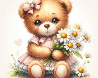PDF Teddy Bear, Camomile Flowers, Counted Cross Stitch Pattern, Kids Room Decor, Cozy Room, Children Toys, Digital Chart, Instant Download