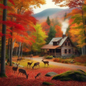 May include: A rustic wooden cabin with a smoke plume rising from the chimney, nestled in a forest with vibrant fall foliage.  Deer graze in the clearing in front of the cabin.