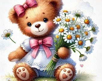PDF Teddy Bear, Camomile Flowers, Counted Cross Stitch Pattern, Kids Room Decor, Cozy Room, Children Toys, Digital Chart, Instant Download